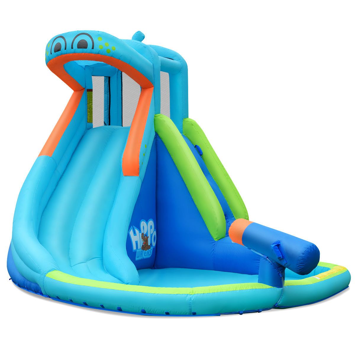 Inflatable Hippo Water Slide Bouncer with Climbing Wall, Splash Pool & Water Cannon – 9.5FT Kids Backyard Water Park, Oxford Cloth, Carry Bag Included