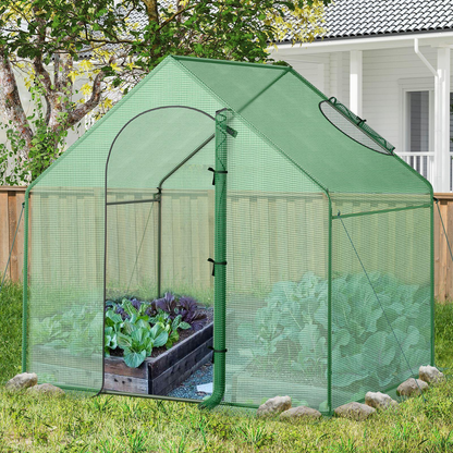 Walk-In Warm House Greenhouse 6x3x5.5ft with PE Grid Cover, Rustproof PE-Coated Metal Frame, Roll-Up Door & Top Vent Window, Portable Outdoor Hot House for Winter Garden, Green