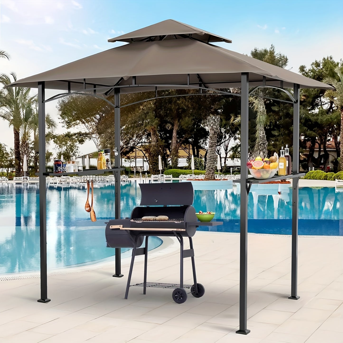 Grill Gazebo 8x5ft Double Tiered BBQ Canopy 8 Hooks Backyard Poolside