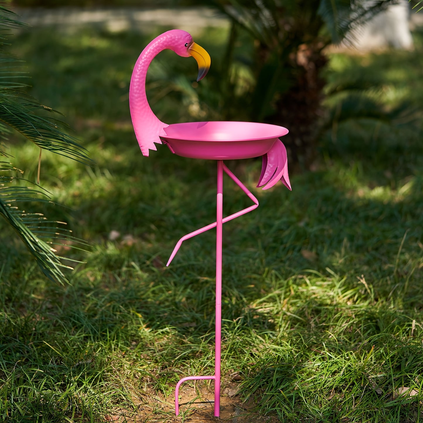 Bird Bath Outdoor Metal Flamingo Feeder Bowl – 3D Garden Lawn Stake Drinker Plate