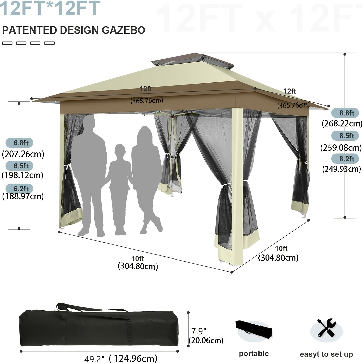 Patio Gazebo Pop-Up Double Roof Mosquito Net 11x11 12x12ft Shade