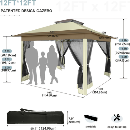 Patio Gazebo Pop-Up Double Roof Mosquito Net 11x11 12x12ft Shade