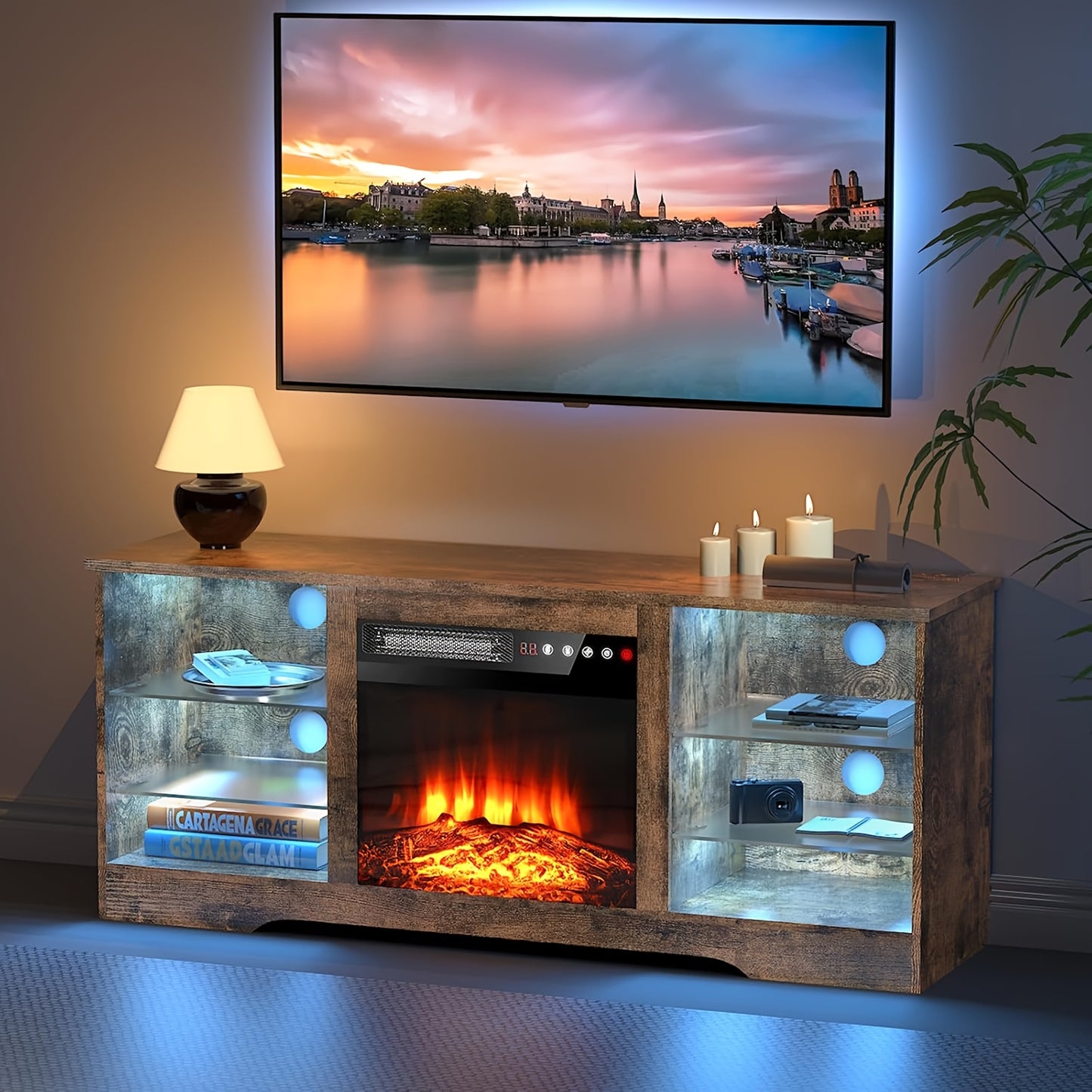 Fireplace TV Stand with 18" Electric Fireplace Insert, 58" Entertainment Center with LED Leg Lights, Media Console for TVs Up to 65", Adjustable Glass Shelves & Storage Cabinets, Black/Gray/White/Beige/Brown