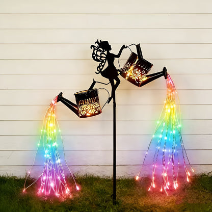 Solar Garden Light - Outdoor Fairy Statue Lamp with Rainbow Waterfall String Lights & Rose Lantern Multicolor LED Decor