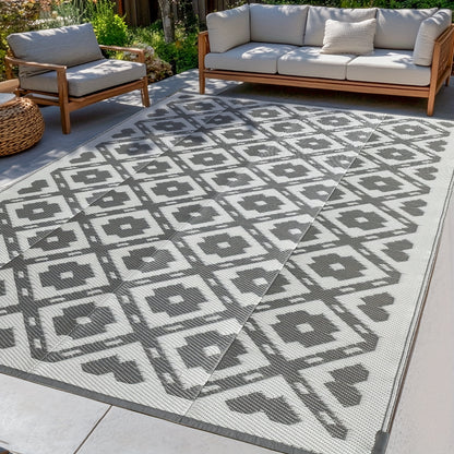 Outdoor Area Rug Waterproof Foldable Picnic Mat for Patio Balcony RV Camping Beach Garden – Blue Clover & Gray, Multiple Sizes