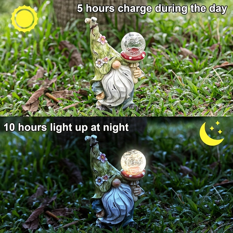 Solar Garden Gnome Statue with LED Magical Ball Light Outdoor Resin Dwarf Sculpture IP44 Waterproof Spring Yard Patio Decor Housewarming Gift