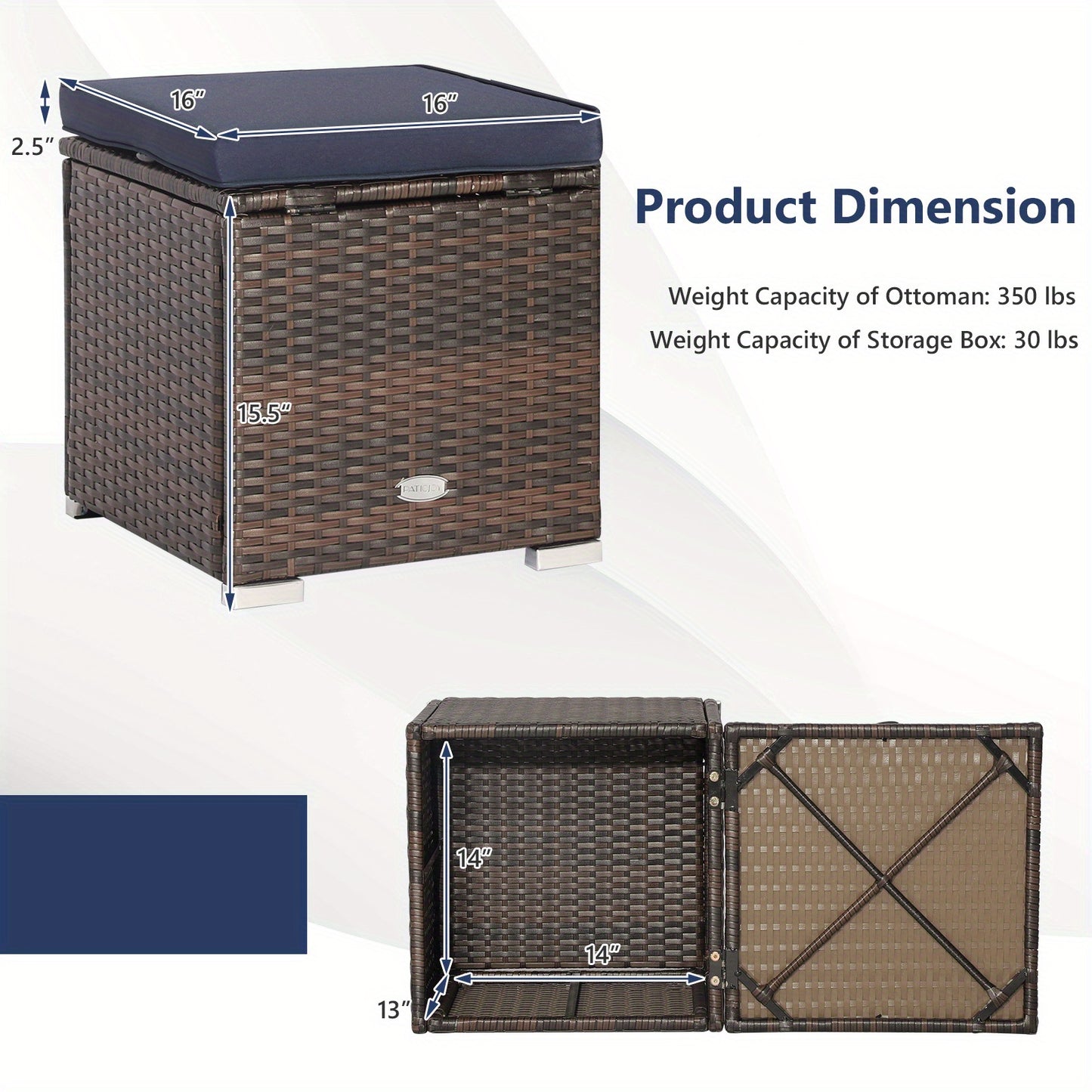 Outdoor Wicker Ottoman Set of 2 with Hidden Storage – PE Wicker Footstools with Detachable Cushions, Side Table & Extra Seating for Patio, Garden & Poolside