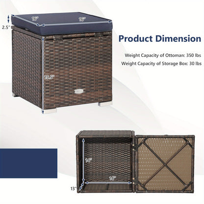 Outdoor Wicker Ottoman Set of 2 with Hidden Storage – PE Wicker Footstools with Detachable Cushions, Side Table & Extra Seating for Patio, Garden & Poolside