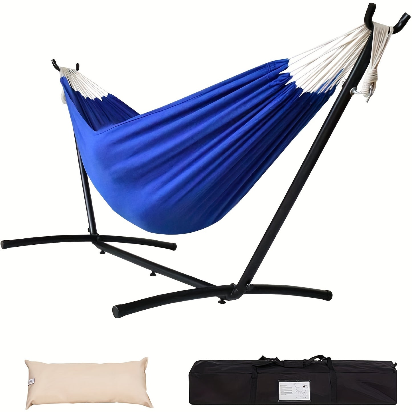 Double Hammock with Steel Stand 450 lbs Heavy Duty Portable Outdoor Indoor Carry Case Head Pillow No Assembly Camping Patio Backyard Multiple Colors