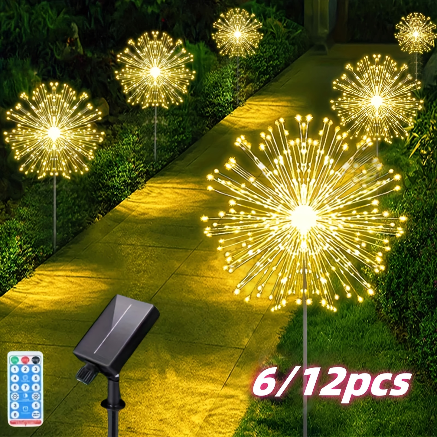 Solar Dandelion Lights with Remote Control 540/1080 LED 8 Modes Warm White – 6/12 Pack Outdoor Fireworks Stake Lights for Lawn Garden Christmas Halloween Festival Decoration