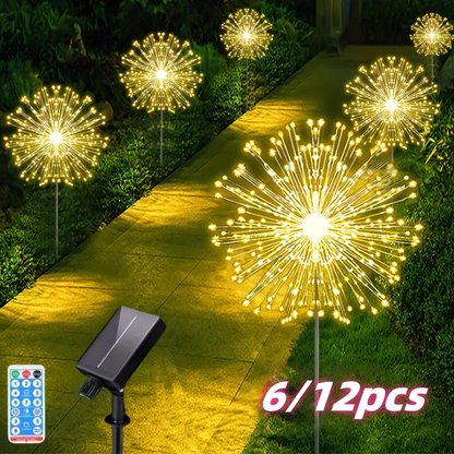 Solar Dandelion Lights with Remote Control 540/1080 LED 8 Modes Warm White – 6/12 Pack Outdoor Fireworks Stake Lights for Lawn Garden Christmas Halloween Festival Decoration