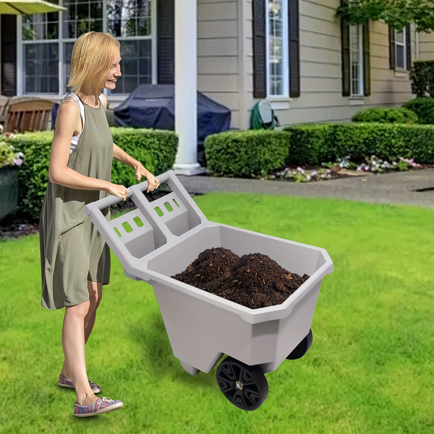 Wheelbarrow 2-Wheel Yard Cart 300 lbs, Push Pull Design with 9-Inch Maintenance-Free Solid Wheels, Heavy Duty Trash & Garden Cart, Gray