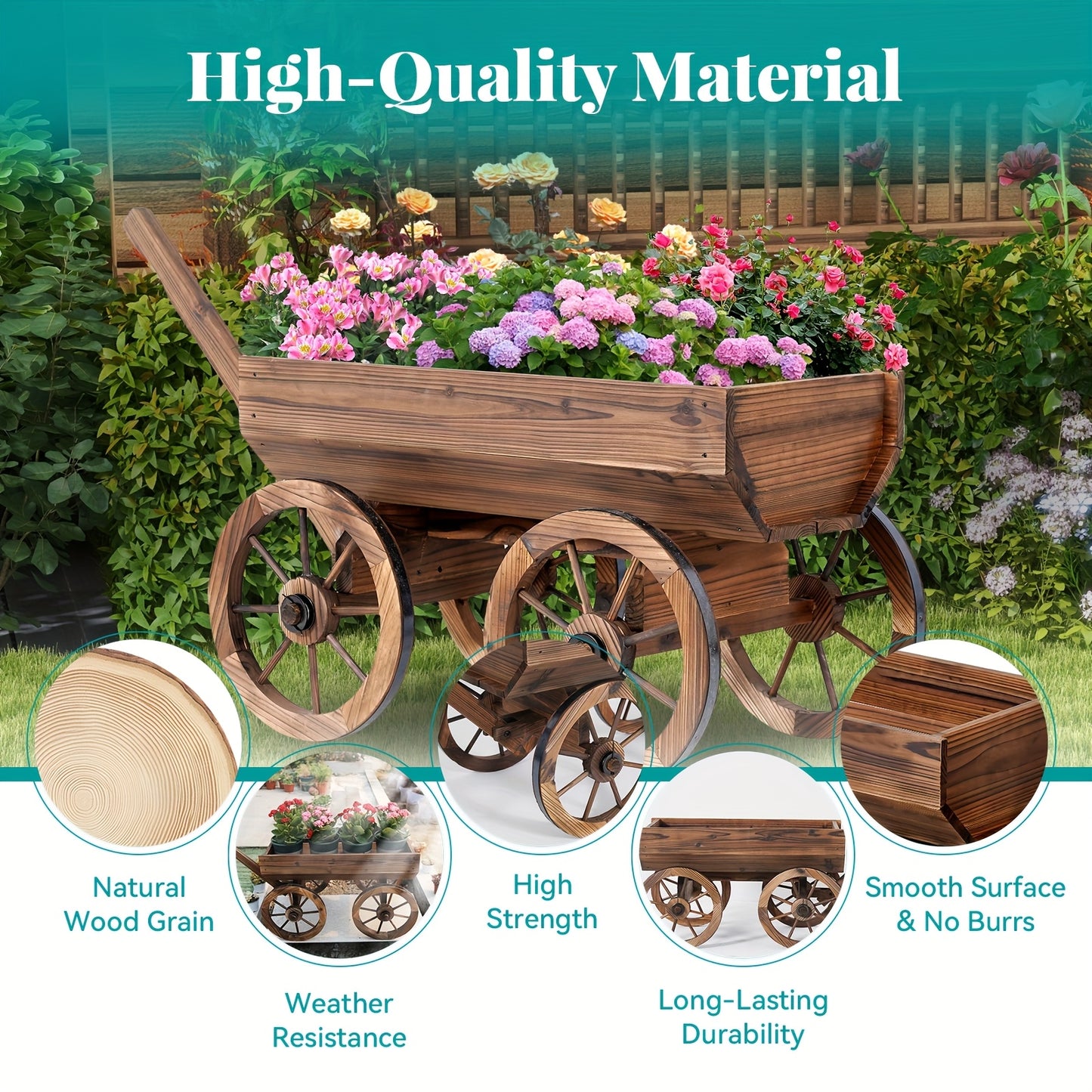 Wooden Wagon Planter with Wheels – Rustic Handcrafted Flower Cart for Patio, Balcony & Garden, Multi-Tier Ladder Shelf Outdoor Yard Decor