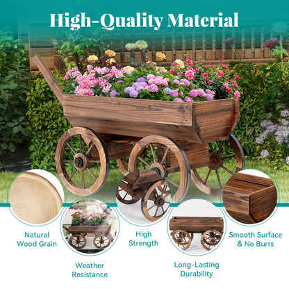 Wooden Wagon Planter with Wheels – Rustic Handcrafted Flower Cart for Patio, Balcony & Garden, Multi-Tier Ladder Shelf Outdoor Yard Decor