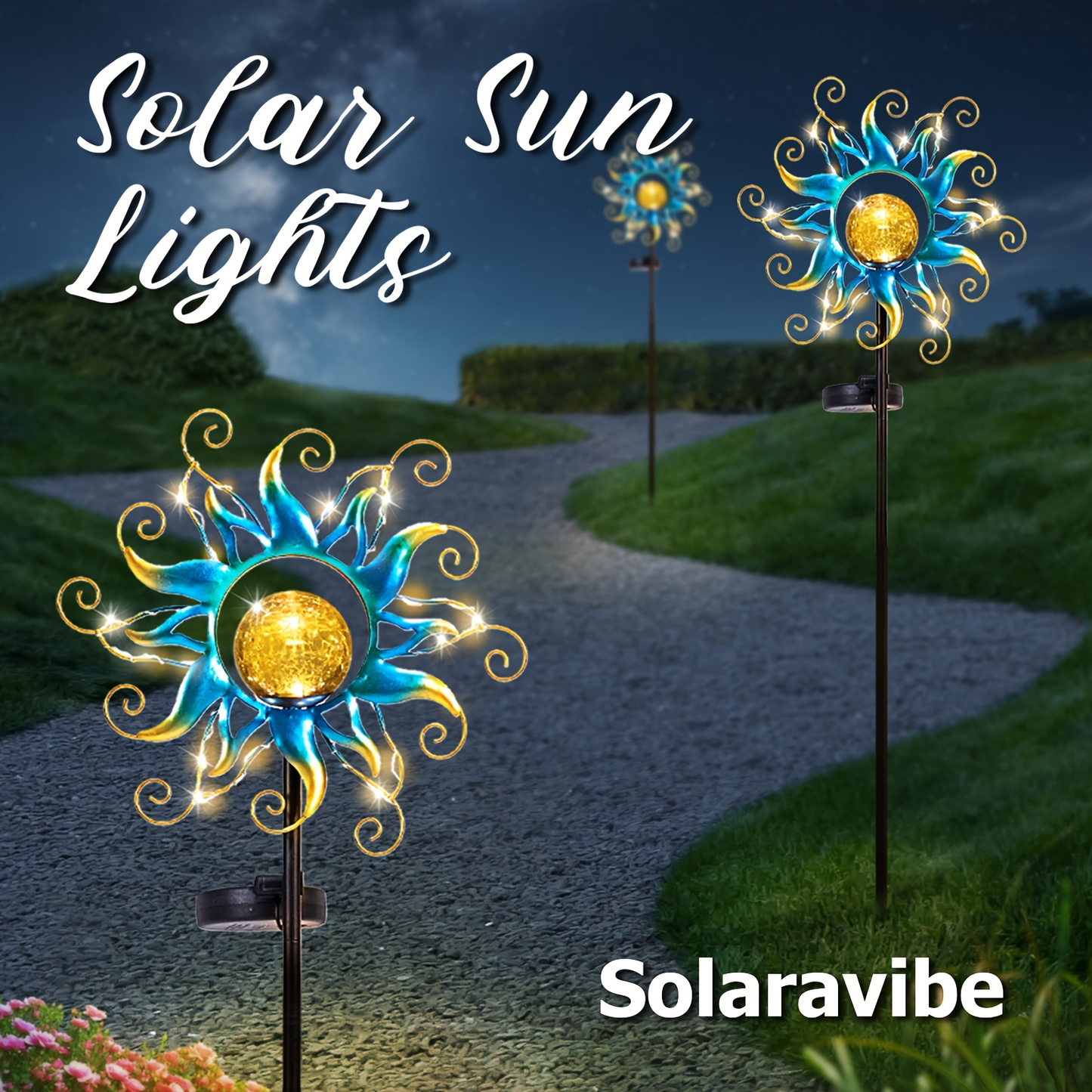 Solar Garden Light Outdoor Sun Shaped LED Stake Lamp IPX4 Waterproof for Patio Pathway Walkway Yard Lawn Decor Housewarming Gift