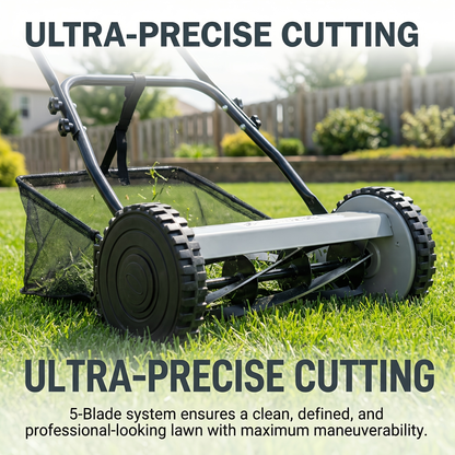 Reel Lawn Mower 14-Inch 5-Blade Manual Push with Grass Catcher, Adjustable Height 0.6"-1.8", Quiet No-Gas Walk-Behind Mower for Small Yards, 13.6 lbs Lightweight
