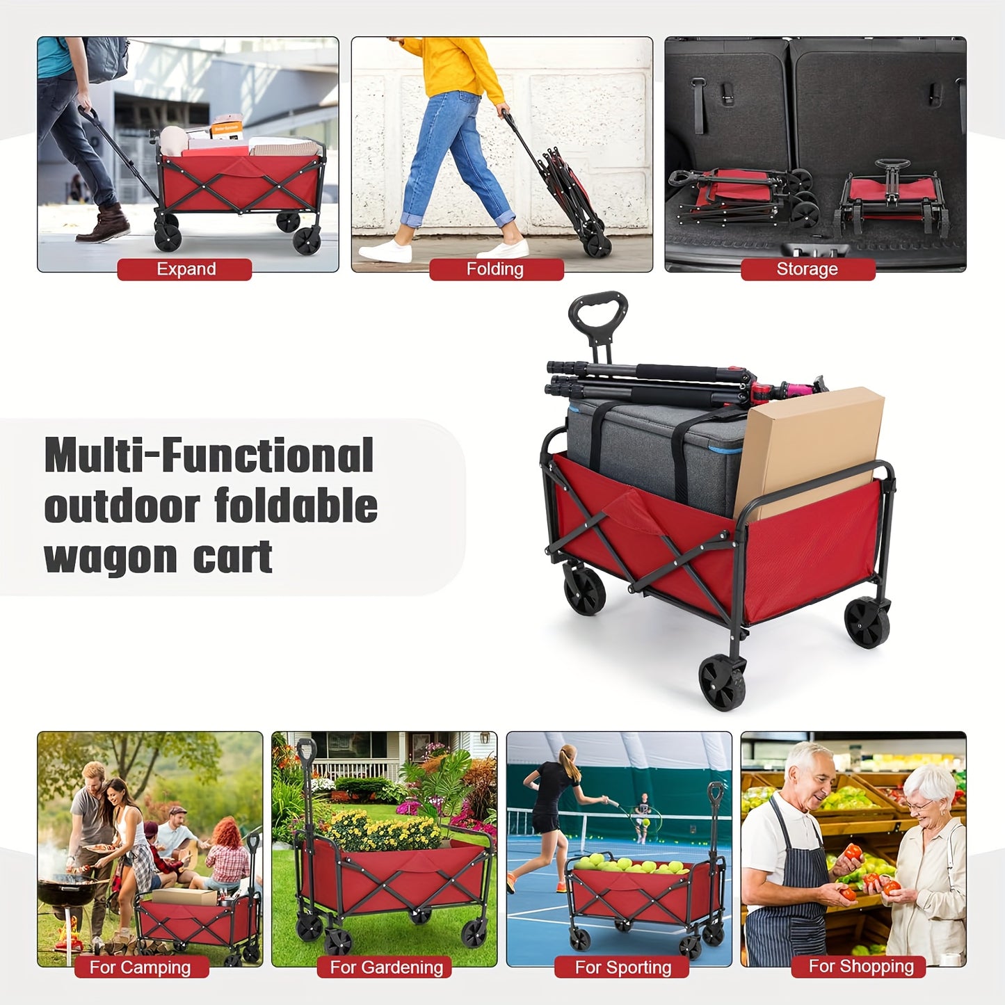 Folding Wagon Cart 360° All-Terrain Heavy Duty | Camping Beach Picnic Garden Sports Wagon with Cup Holder