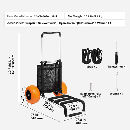 Beach Cart Heavy Duty Aluminum Alloy 165 LB Capacity 12-Inch PU Foam Wheels Folding Sand Cart Adjustable Handle for Camping Fishing Gardening Outdoor