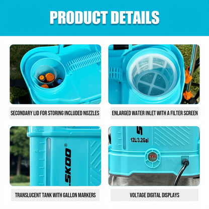 Battery Powered Backpack Sprayer 3.2 Gallon 0-80 PSI Adjustable Electric Garden Sprayer with Steel Telescopic Wand 5 Nozzles 2.0Ah 18V Battery & Charger