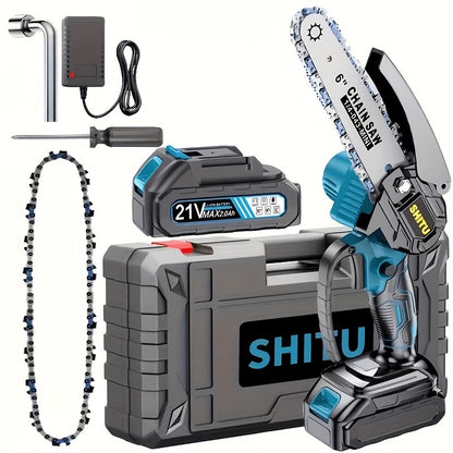 Handheld Electric Chainsaw – Mini Cordless Portable Tree Cutter with Splash Guard, Security Lock, Rechargeable Battery Options, Garden & Yard Gift for Men