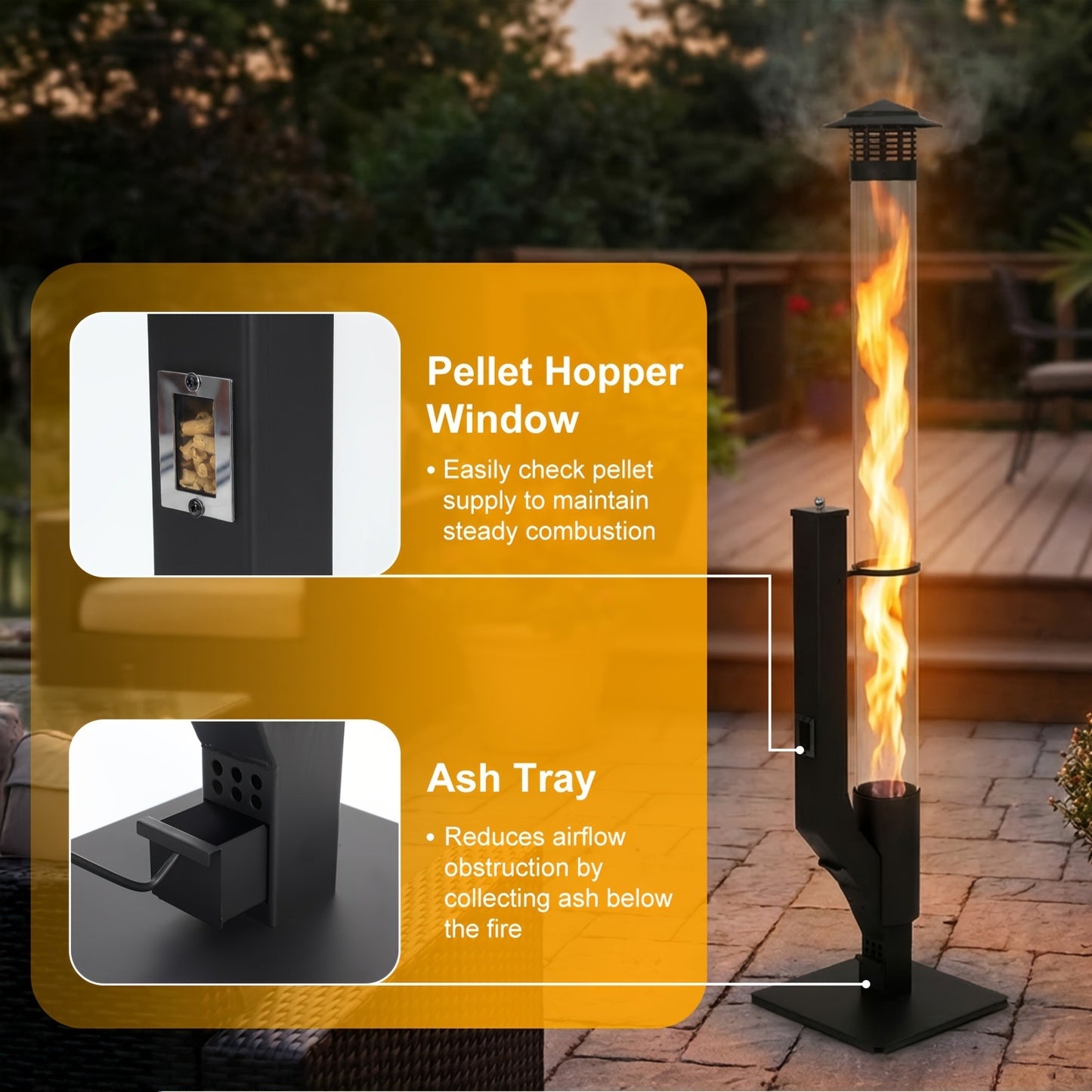 Outdoor Wood Pellet Patio Heater 56 Inch, Smokeless Portable Pellet Stove with Rain Cap, Viewing Window & Ash Tray – Backyard Porch Garden Camping Fire Pit