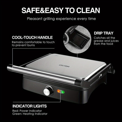 Panini Press Grill Indoor Sandwich Maker 4 Slice – Non-Stick 1200W Electric Grill with Temperature Control, 180° Opening, Removable Drip Tray | Countertop Steak & BBQ Grill