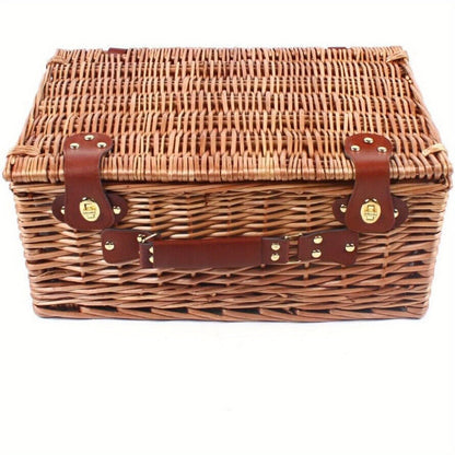 Wicker Picnic Basket for 4 with Insulated Cooler – Large Willow Hamper Set with Cutlery, Ceramic Plates, Wine Glasses for Camping, BBQ & Outdoor Gatherings