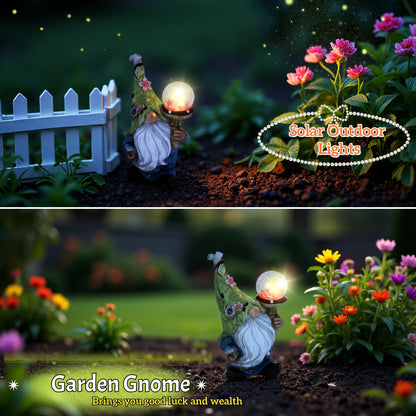 Solar Garden Gnome Statue with LED Magical Ball Light Outdoor Resin Dwarf Sculpture IP44 Waterproof Spring Yard Patio Decor Housewarming Gift