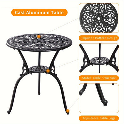 Patio Bistro Set 3 Piece Cast Aluminum Outdoor Table and 2 Chairs with Umbrella Hole All Weather Front Porch Balcony Furniture Set Black