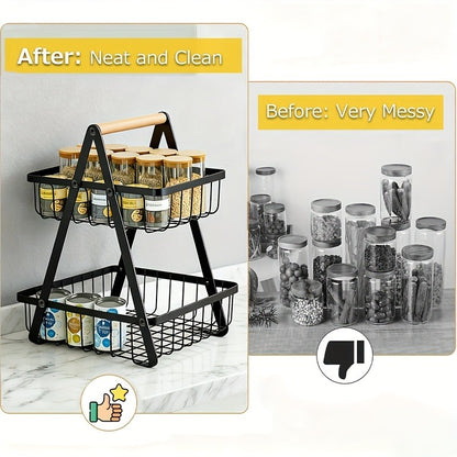 Tiered Fruit Basket with Removable Wooden Handles – 2 or 3 Tier Metal Kitchen Counter Organizer for Produce, Bread & Snacks