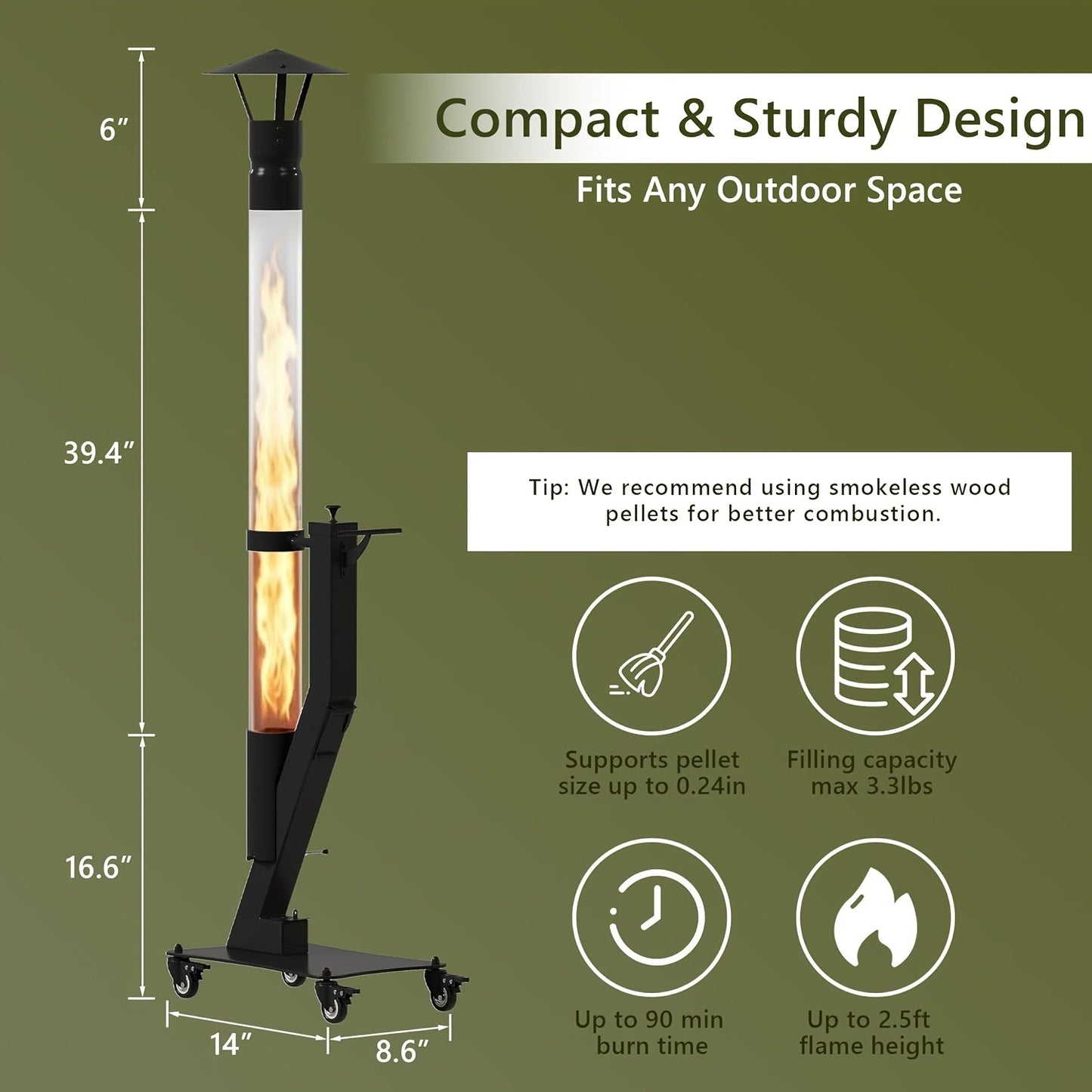 Wood Pellet Patio Heater Portable Gravity Feed Rocket Stove with Glass Tube Flame, Smokeless Non-Electric Outdoor Fire Pit for Backyard, Deck, Camping & RV, Available in 61" & 70" Models