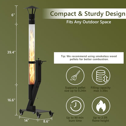 Wood Pellet Patio Heater Portable Gravity Feed Rocket Stove with Glass Tube Flame, Smokeless Non-Electric Outdoor Fire Pit for Backyard, Deck, Camping & RV, Available in 61" & 70" Models