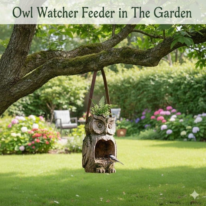 Bird Feeder Hanging Outdoor Rustic Wood Owl-Shaped Plant Pot for Patio Lawn Garden Decor - Open Design Decorative Planter for Bird Seed or Plants, Wood Grain Finish