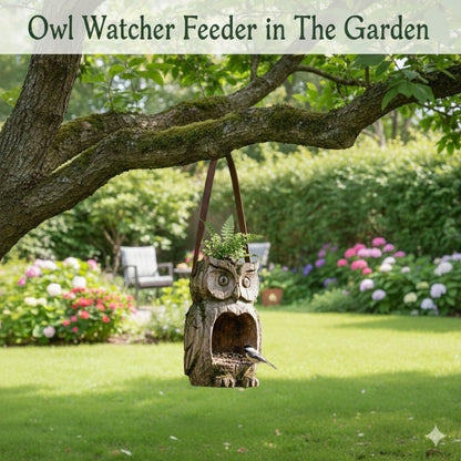 Bird Feeder Hanging Outdoor Rustic Wood Owl-Shaped Plant Pot for Patio Lawn Garden Decor - Open Design Decorative Planter for Bird Seed or Plants, Wood Grain Finish