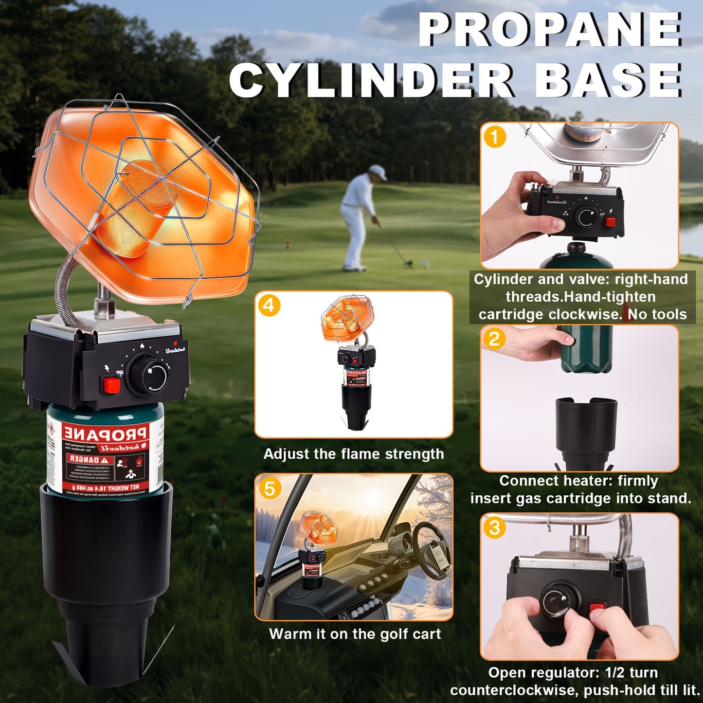 Golf Cart Heater 8520 BTU Portable Propane Catalytic Burner with Cup Holder Mount, Pulse Ignition, Wind-Resistant Low-Emission Design for EZGO, Yamaha, Club Car, UTV, Camping & Ice Fishing
