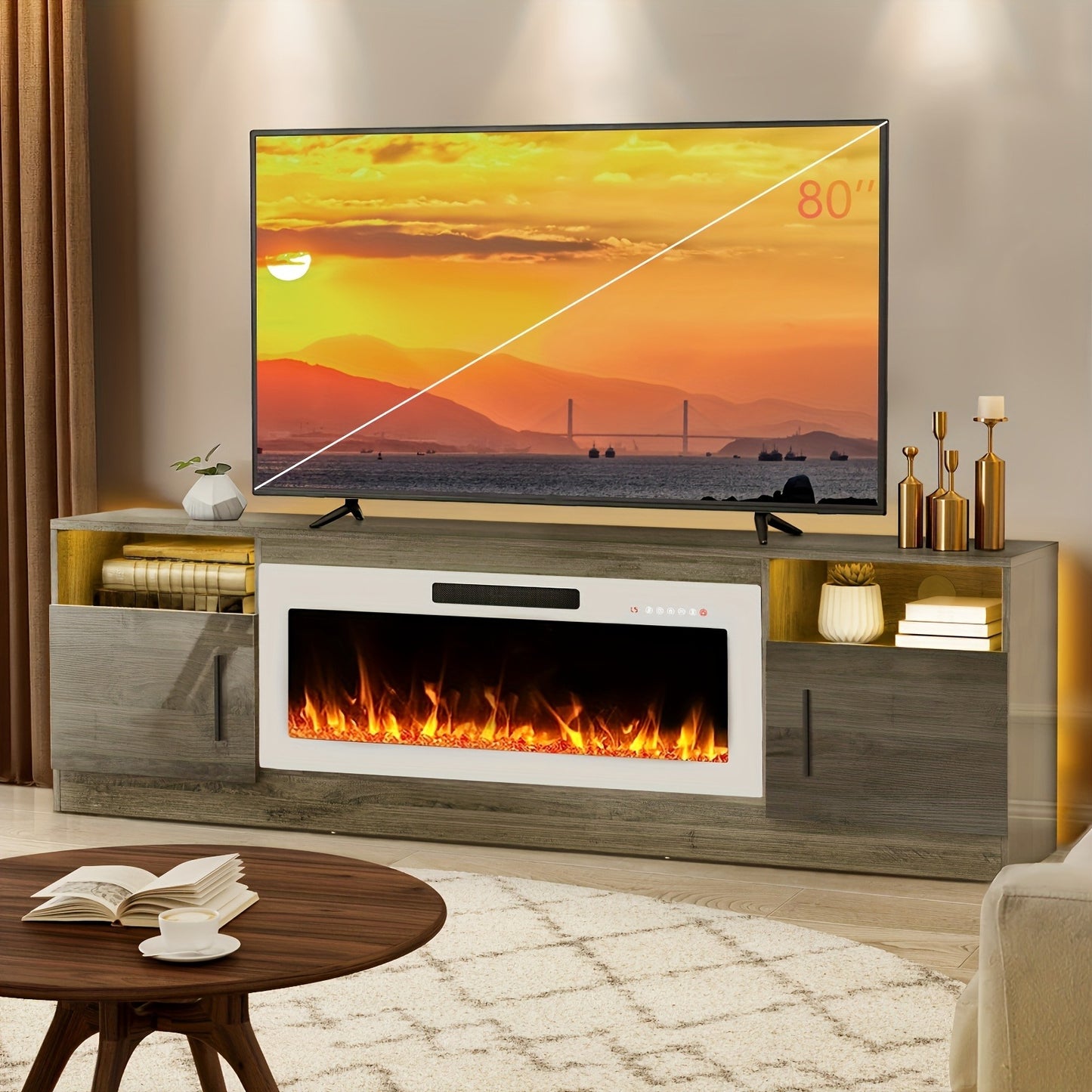 TV Stand with Fireplace 70 Inch for TVs up to 80" 36" Electric Fireplace LED Light Entertainment Center Highlight Storage Cabinet Modern Wood Media Console