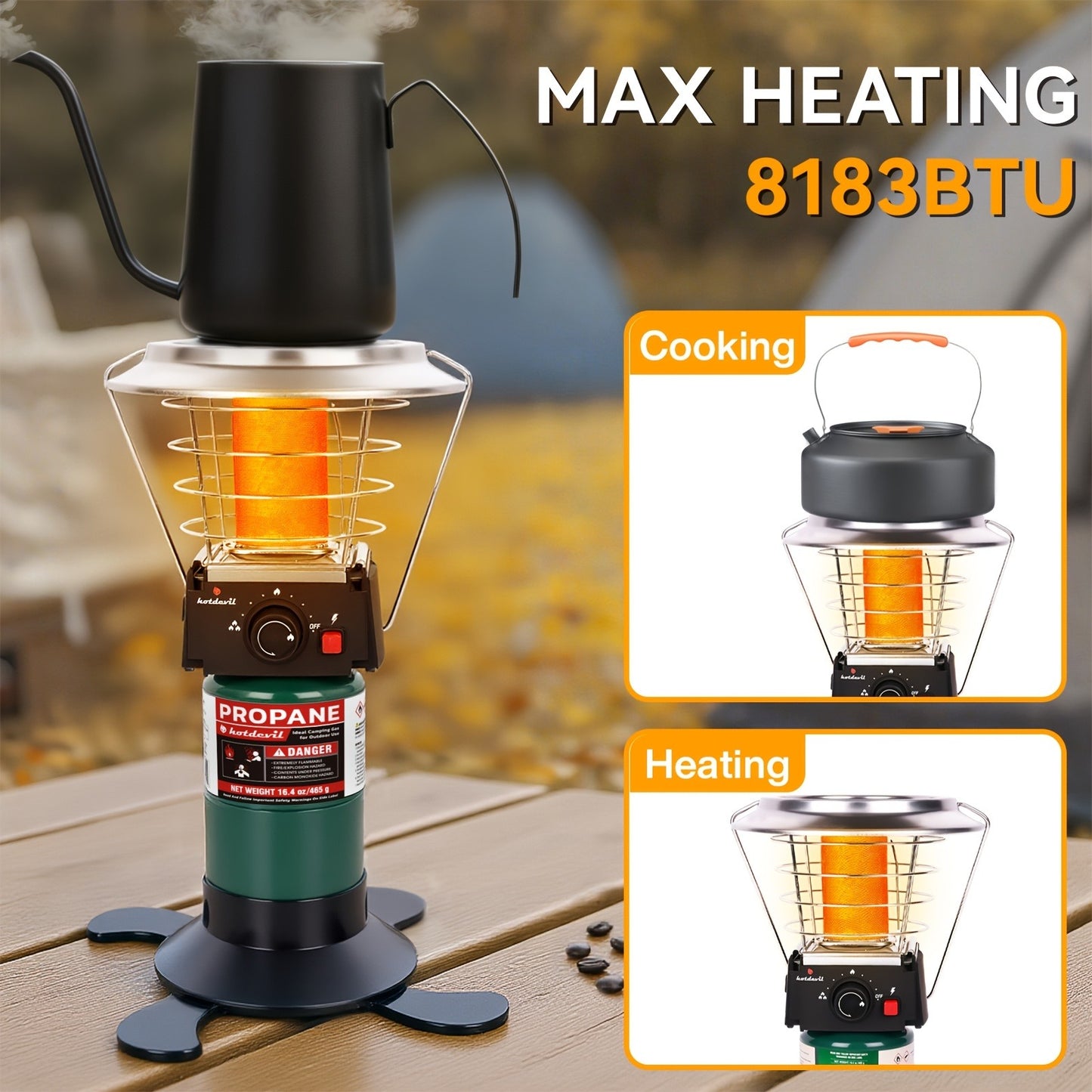 360° Propane Heater 8,183 BTU with Pulse Ignition & Water Boiling Top, Portable Radiant Outdoor Heater for Camping, Patio, Garden, Ice Fishing – Lightweight, Built-In Ignition (Cylinder Not Included)