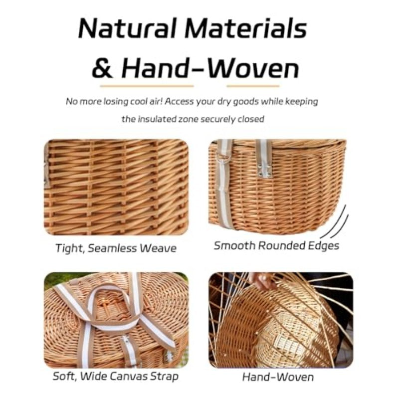 Wicker Picnic Basket for 2 with Insulated Cooler Compartment, Stainless Steel Cutlery Set, Ceramic Plates, Wine Glasses & Cheese Board – Outdoor Dining Hamper