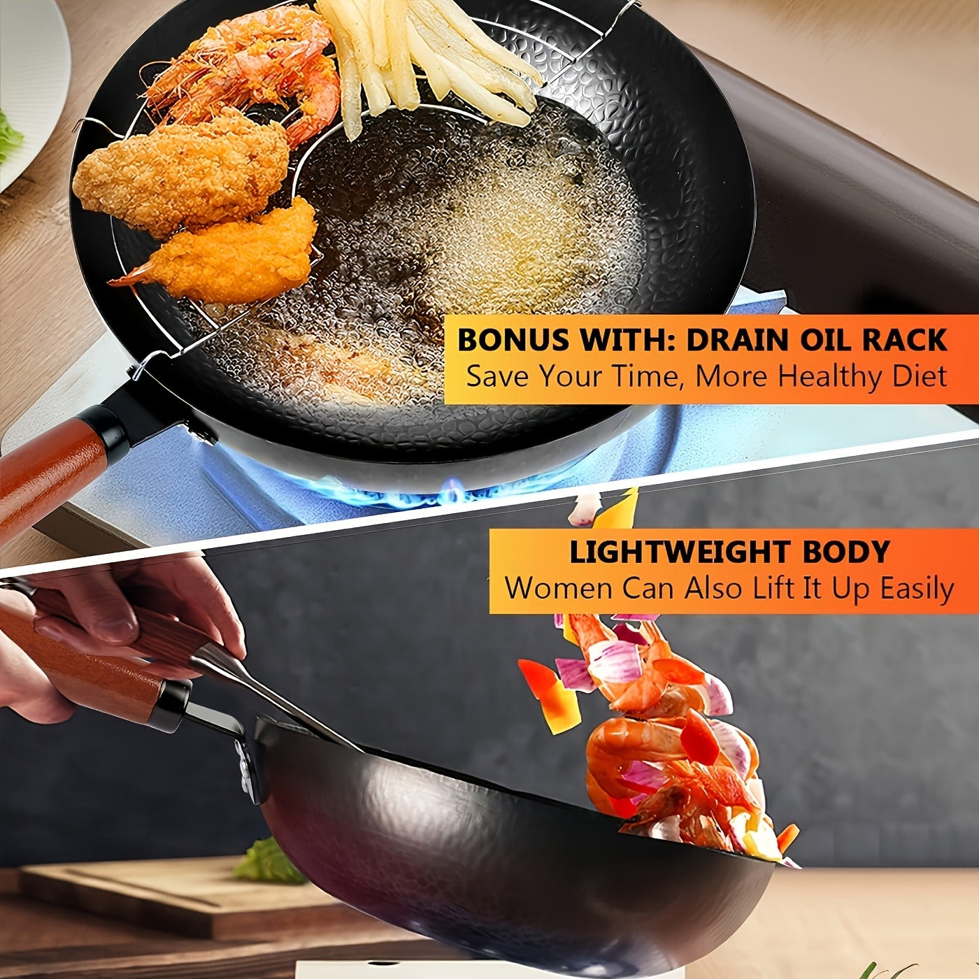 Wok Set Cast Iron 12.6 Inch Nonstick with 13 Accessories – Natural Nonstick No Chemical Coating Stir Fry Pan with Lid & Detachable Handle | Gas Electric Induction Ceramic Stovetop Kitchen Gift