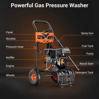 Gas Pressure Washer 3500PSI 7HP 212CC OHV Engine 2.3GPM 25-Foot Hose 4 Quick-Connect Nozzles Axial Cam Pump 10-Inch Pneumatic Tires for Driveways Decks Cars RV