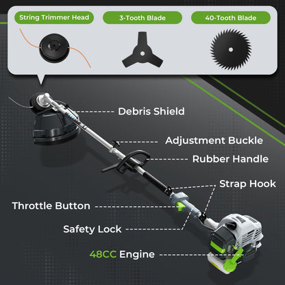 Gas String Trimmer 3-in-1 – 36CC/48CC/52CC 2-Stroke Brush Cutter & Weed Wacker with String Head, 3T Blade & 40T Circular Blade, Backpack Option