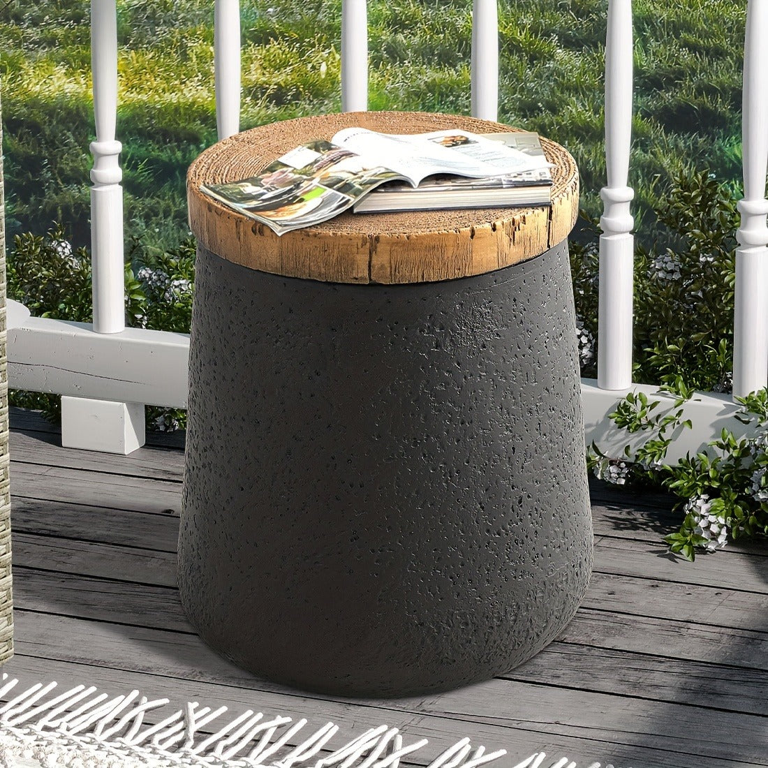 Outdoor Side Table 17in Concrete with Wood-Look Top, Accent End Table for Patio, Garden Stool for Living Room, Bedroom, Backyard Decor, Black & Hourglass Style