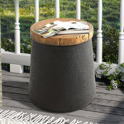 Outdoor Side Table 17in Concrete with Wood-Look Top, Accent End Table for Patio, Garden Stool for Living Room, Bedroom, Backyard Decor, Black & Hourglass Style