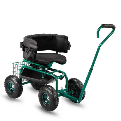 Rolling Garden Seat Cart | Backrest, Cushion, Telescopic Handle & Storage Basket, Steel Frame