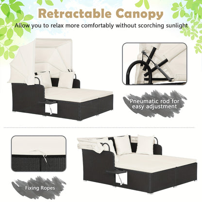 Outdoor Wicker Daybed with Retractable Canopy Side Tables Cushions PE Rattan Patio Lounge Bed Sun Lounger for Backyard Garden Pool