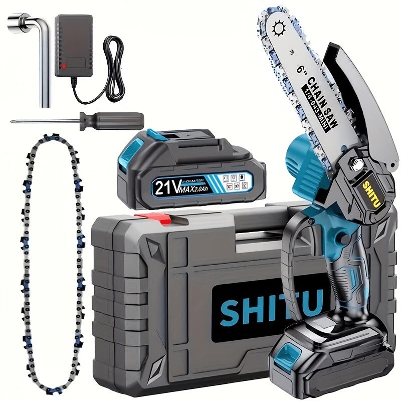 Handheld Electric Chainsaw – Mini Cordless Portable Tree Cutter with Splash Guard, Security Lock, Rechargeable Battery Options, Garden & Yard Gift for Men