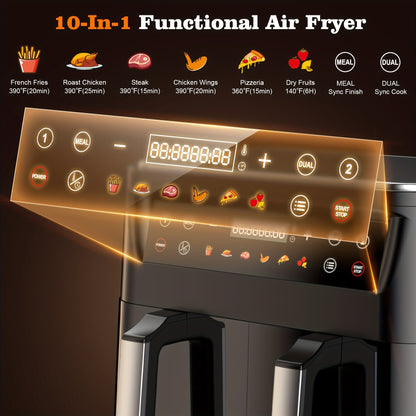 Dual Basket Air Fryer 10Qt, 10-in-1 Double Basket Air Fryer with Sync Cook & Sync Finish, Dishwasher-Safe Baskets for Bake, Roast, Broil & Reheat – Includes 50 Paper Liners, Family-Size
