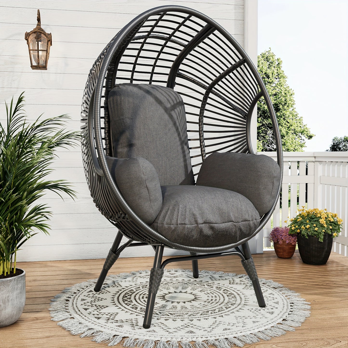 Egg Chair Outdoor Wicker Oversized Hanging Basket Chair with Stand & Cushion 500LBS Capacity UV-Resistant Rattan Style Patio Lounge Chair for Garden Backyard Balcony Porch Beige Black