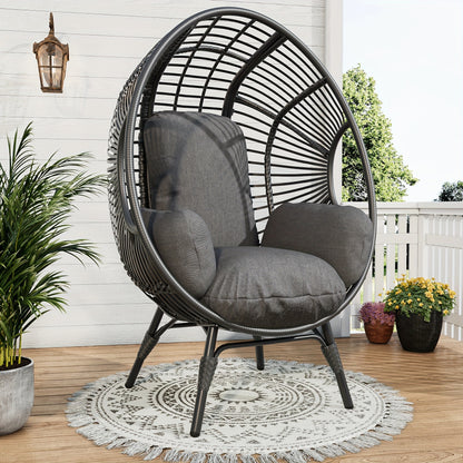 Egg Chair Outdoor Wicker Oversized Hanging Basket Chair with Stand & Cushion 500LBS Capacity UV-Resistant Rattan Style Patio Lounge Chair for Garden Backyard Balcony Porch Beige Black