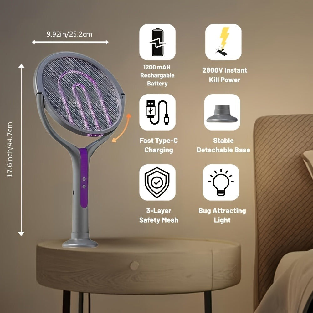 2-in-1 Mosquito Trap Lamp & Retractable Electric Fly Swatter Racket – USB Rechargeable Base, Extendable Handle Bug Zapper for Home & Bedroom Pest Control